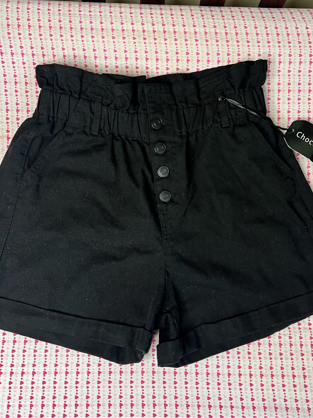 High-Waist Button-Front Black Paperbag Women's Shorts by